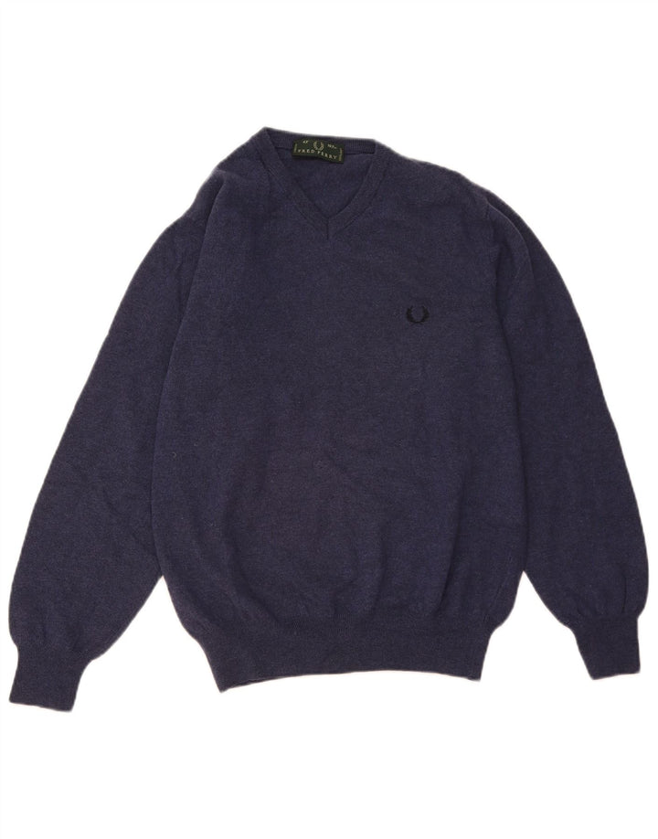 FRED PERRY Mens V-Neck Jumper Sweater Medium Navy Blue Wool