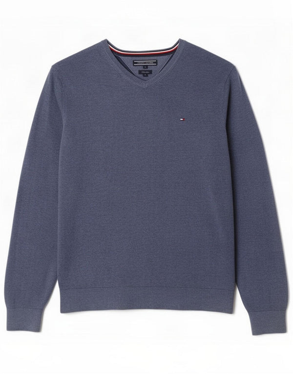 Tommy Hilfiger Mens V-Neck Jumper Sweater Large Blue Cotton