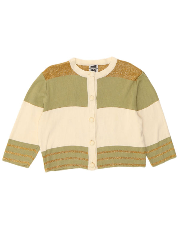 Vintage Womens Crop Crop Cardigan Sweater UK 12 Medium Khaki Striped Cotton