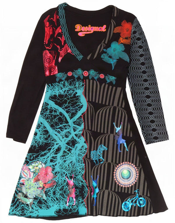 Desigual Womens Long Sleeve Graphic A-Line Dress UK 18 XL Black Patchwork
