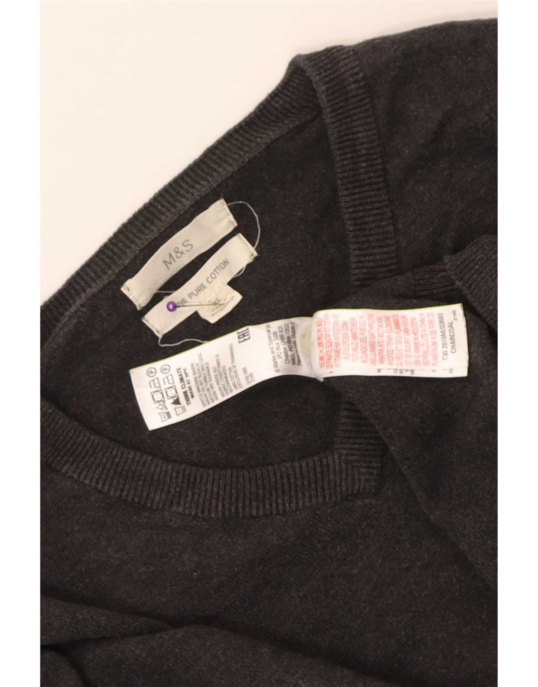 Marks & Spencer Mens V-Neck Jumper Sweater XL Grey Cotton