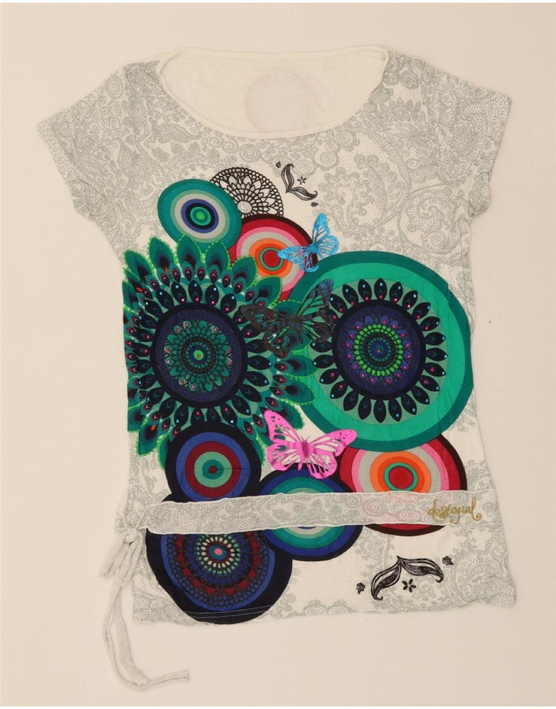 DESIGUAL Womens Graphic T-Shirt Top UK 6 XS Off White Floral Butterfly Vintage Desigual and Second-Hand Desigual from Messina Hembry 