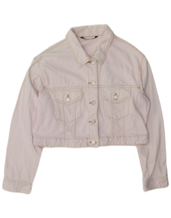 Zara Womens Crop Denim Jacket UK 16 Large Pink Cotton