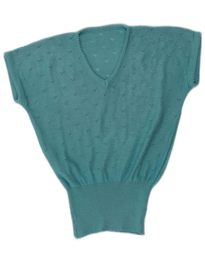 VINTAGE Womens Short Sleeve V-Neck Jumper Sweater UK 12 Medium Blue