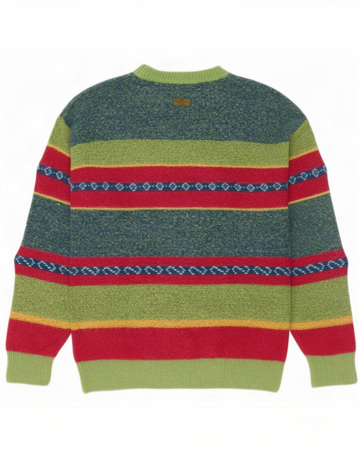 Vintage Mens Crew Neck Jumper Sweater Medium Green Striped Wool