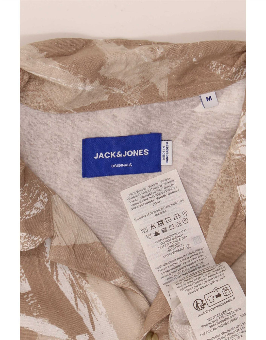 Jack & Jones Mens Abstract Pattern Short Sleeve Shirt Medium Beige Viscose