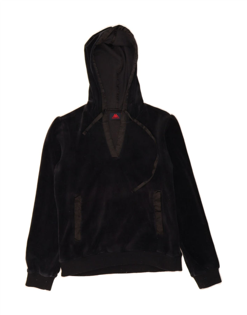 KAPPA Womens Velvet Hoodie Jumper UK 10 Small Black Cotton Vintage Kappa and Second-Hand Kappa from Messina Hembry 
