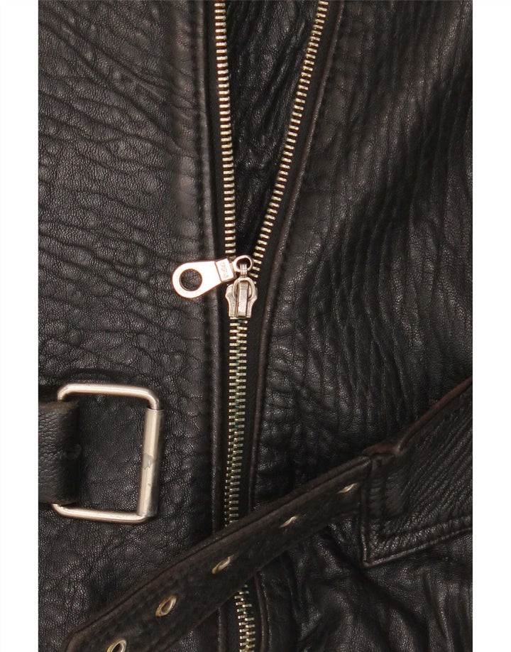 Chevignon Womens Leather Biker Jacket UK 14 Medium Black