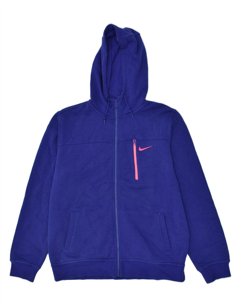 NIKE Womens Loose Fit Graphic Zip Hoodie Sweater UK 16 Large Blue Cotton | Vintage Nike | Thrift | Second-Hand Nike | Used Clothing | Messina Hembry 