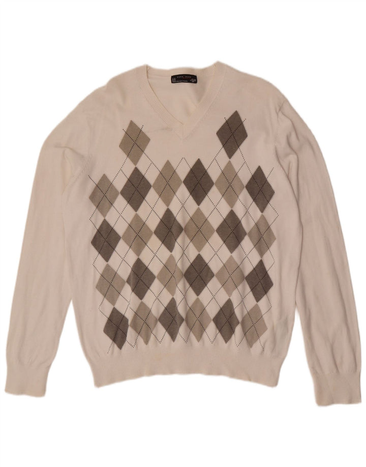 Zara Mens V-Neck Jumper Sweater XL White Argyle/Diamond Cotton