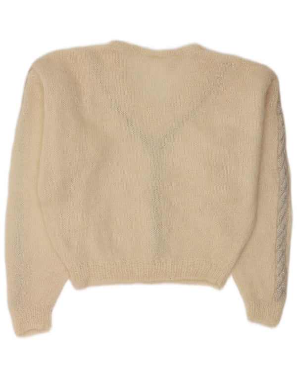 Vintage Womens Crop V-Neck Jumper Sweater UK 12 Medium Off White