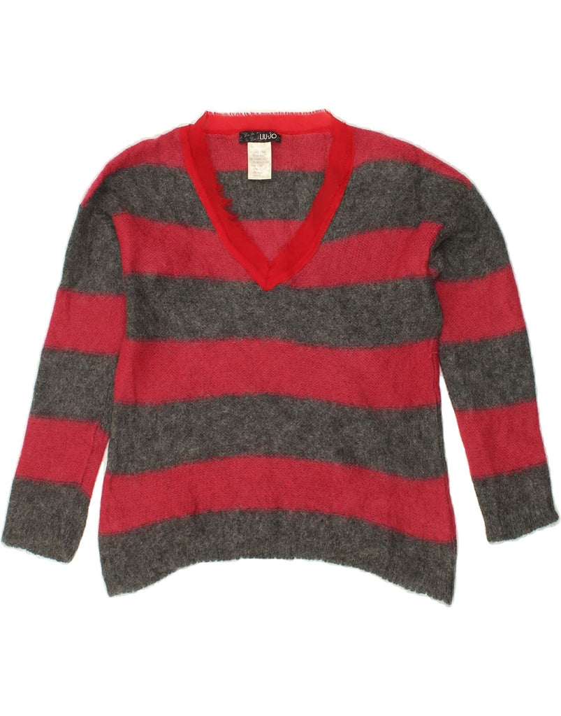 LIU JO Womens V-Neck Jumper Sweater UK 14 Large Red Striped Mohair Vintage Liu Jo and Second-Hand Liu Jo from Messina Hembry 