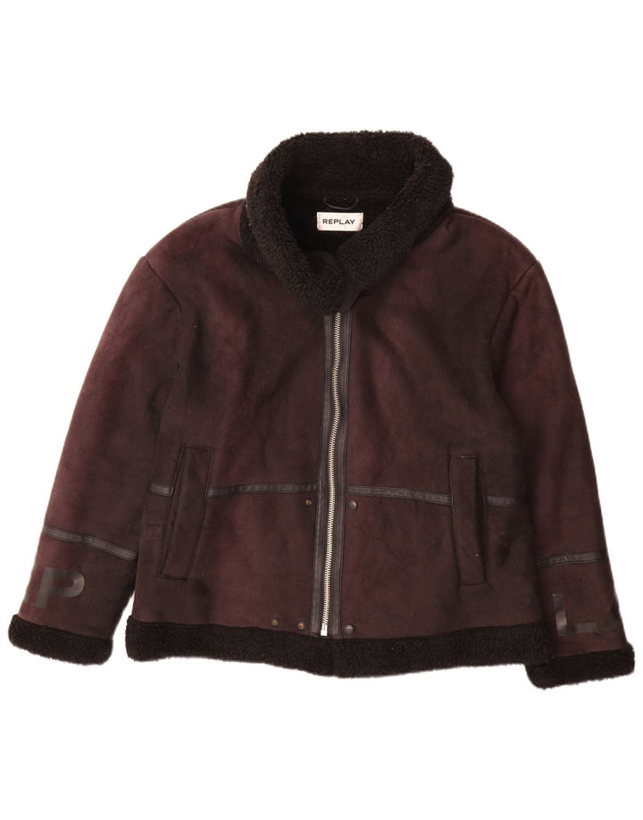 Replay Womens Graphic Sherpa Jacket UK 14 Large Brown Polyester