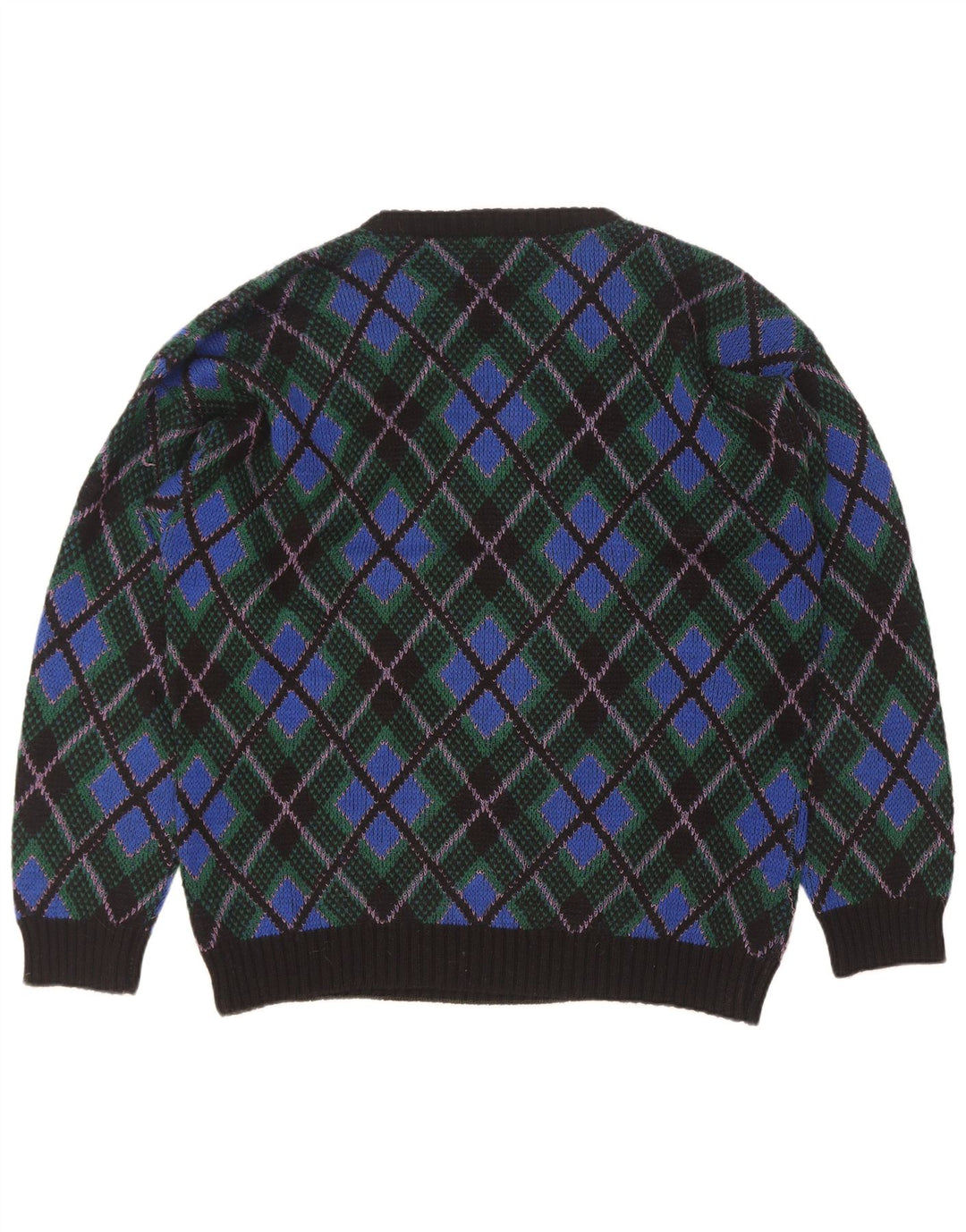 Vintage Mens Crew Neck Jumper Sweater XL Blue Argyle/Diamond Wool