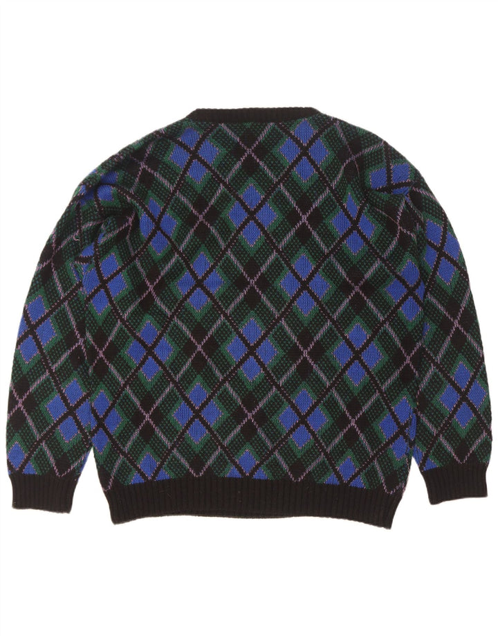 Vintage Mens Crew Neck Jumper Sweater XL Blue Argyle/Diamond Wool