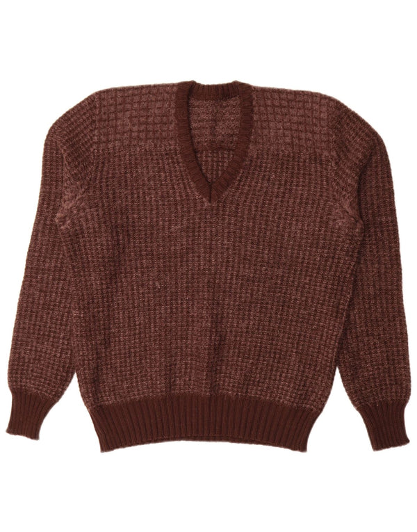 Vintage Womens V-Neck Jumper Sweater IT 52 2XL Brown Geometric Virgin Wool