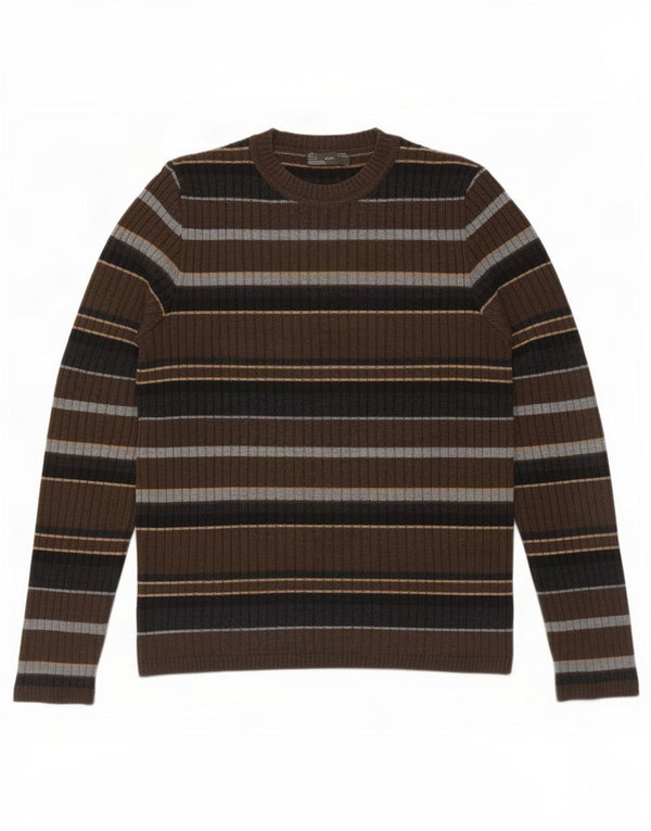 Zara Mens Crew Neck Jumper Sweater Large Brown Striped Wool