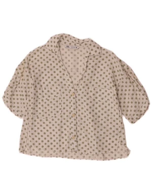 Zara Womens Short Sleeve Shirt UK 10 Small White Polka Dot Linen