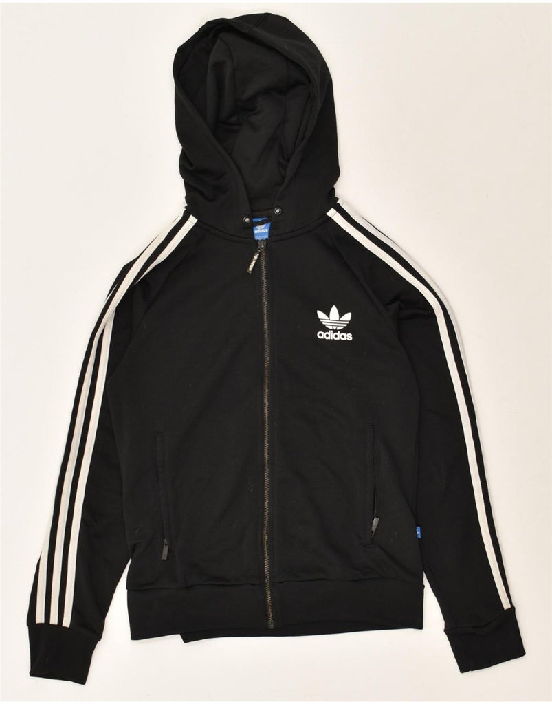 ADIDAS Womens Graphic Zip Hoodie Sweater UK 12 Medium Black Polyester | Vintage Adidas | Thrift | Second-Hand Adidas | Used Clothing | Messina Hembry 