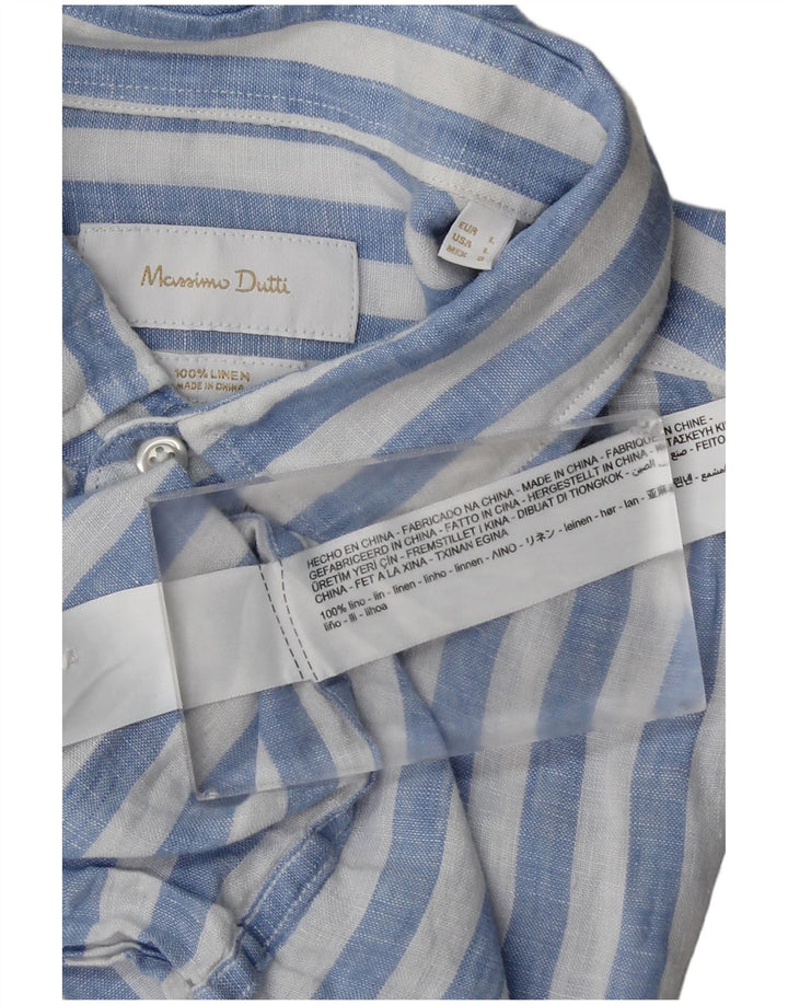Massimo Dutti Mens Shirt Large Blue Striped Linen