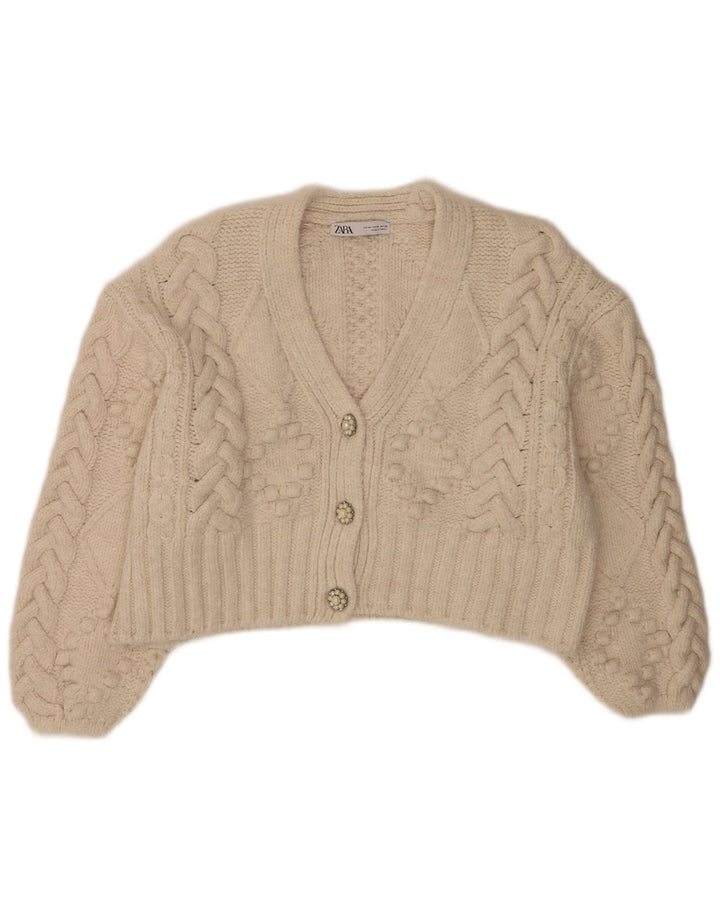 Zara Womens Crop Oversized Cardigan Sweater UK 14 Medium Off White Acrylic