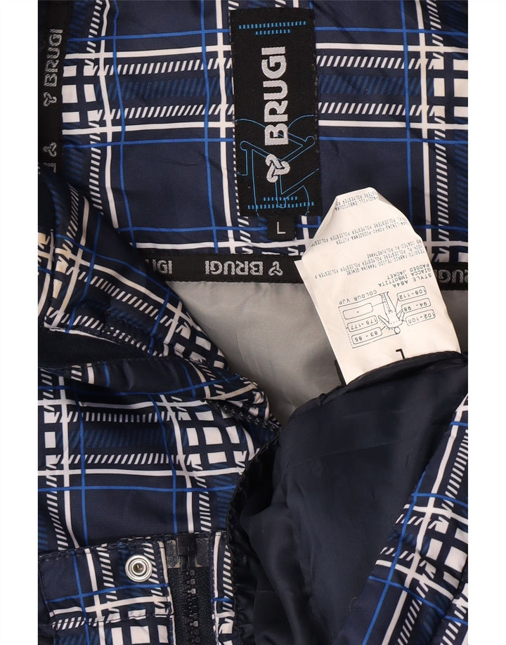 Brugi Mens Hooded Padded Jacket UK 40 Large Navy Blue Check Polyester