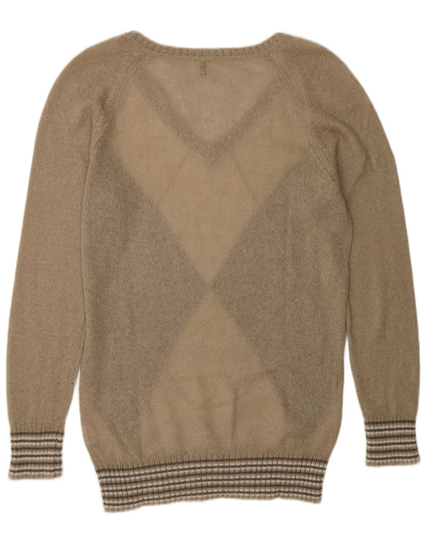 Benetton Womens V-Neck Jumper Sweater UK 14 Medium Beige Argyle/Diamond