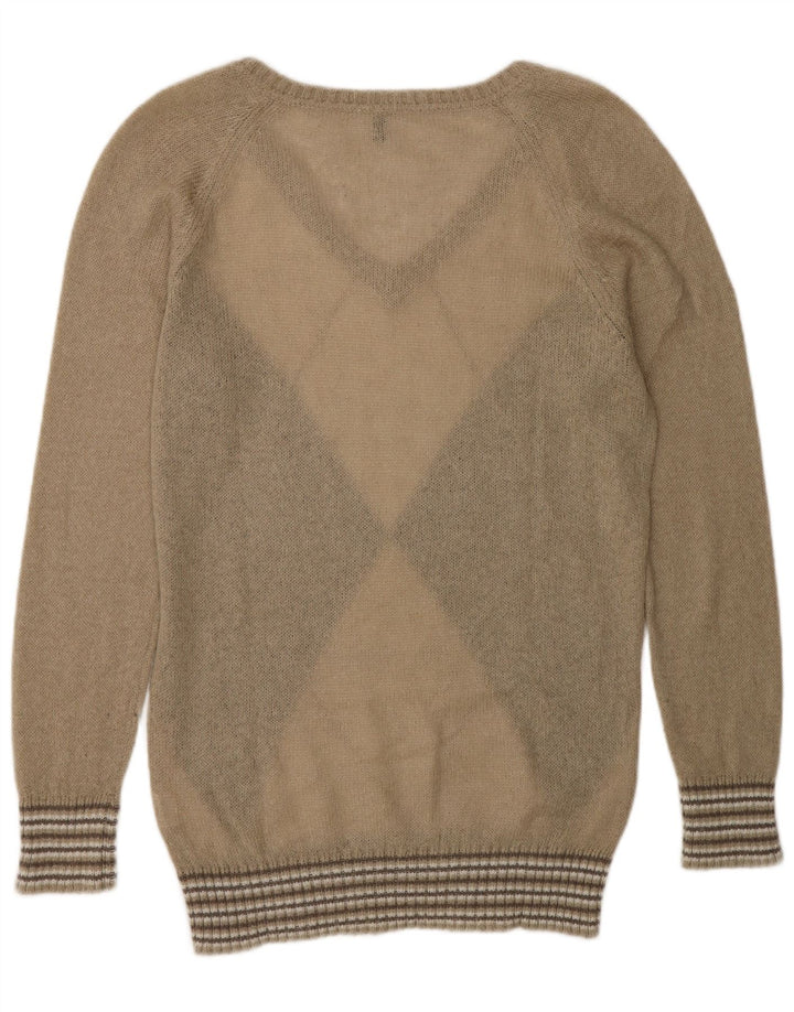 Benetton Womens V-Neck Jumper Sweater UK 14 Medium Beige Argyle/Diamond