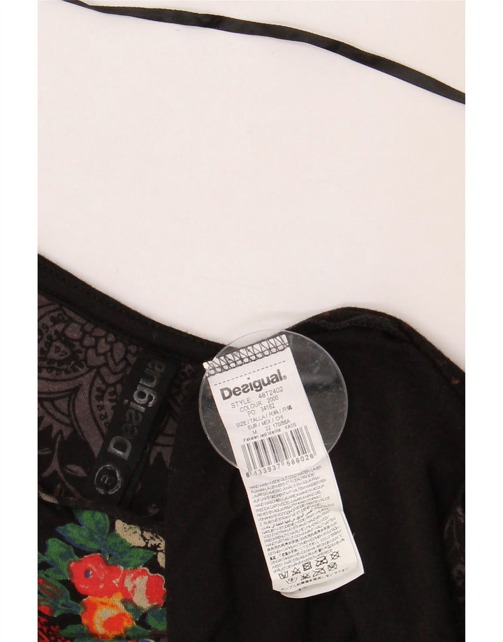 DESIGUAL Womens Graphic Top Long Sleeve UK 12 Medium Black Floral Cotton