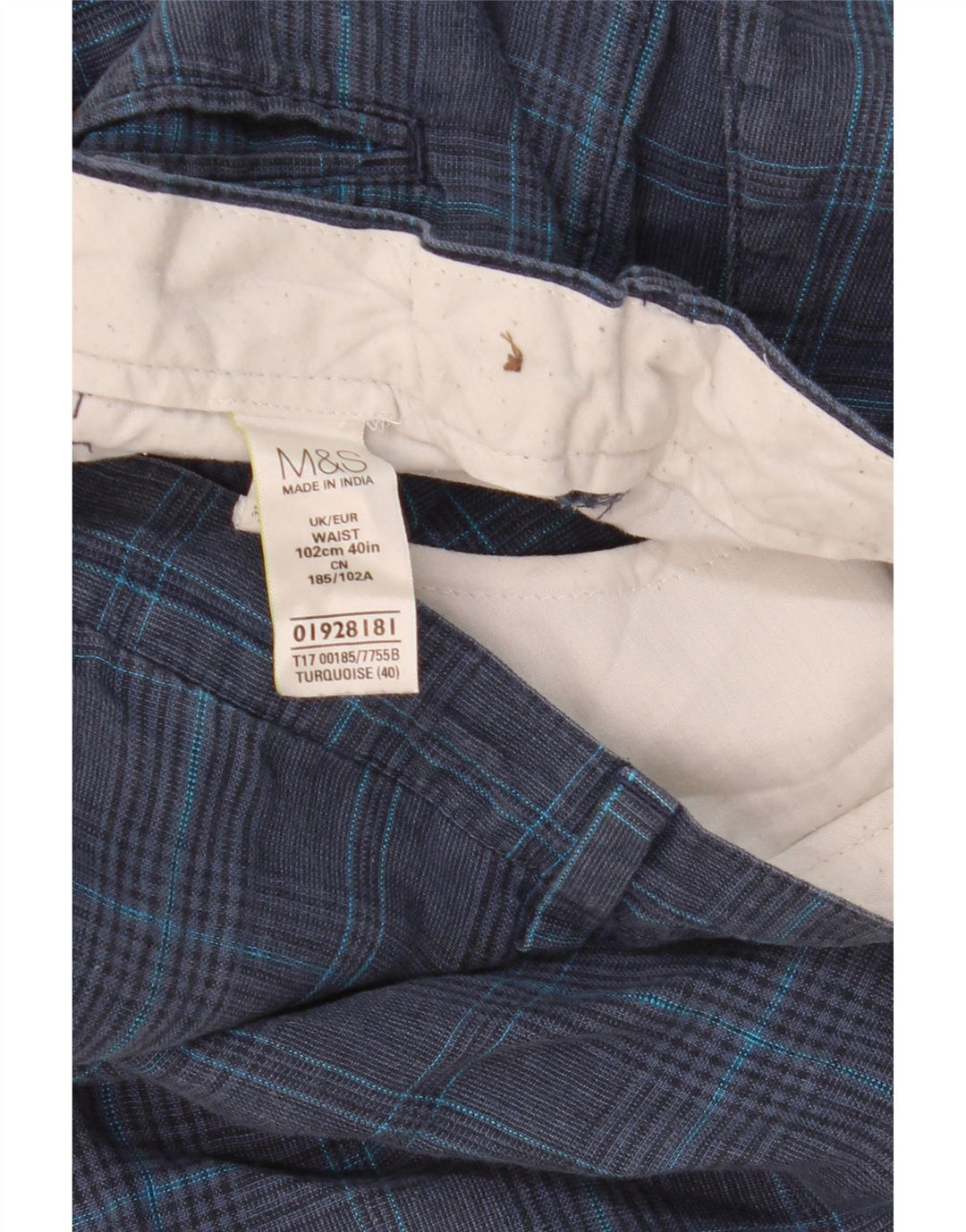 MARKS & SPENCER Mens Chino Shorts W40 XL Navy Blue Check Linen