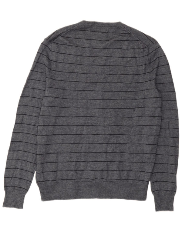 Calvin Klein Mens V-Neck Jumper Sweater Medium Grey Striped Merino Wool