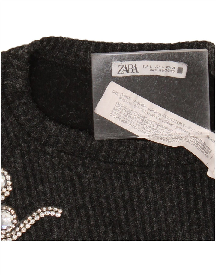 Zara Womens Crop Oversized Crew Neck Jumper Sweater UK 16 Large Grey