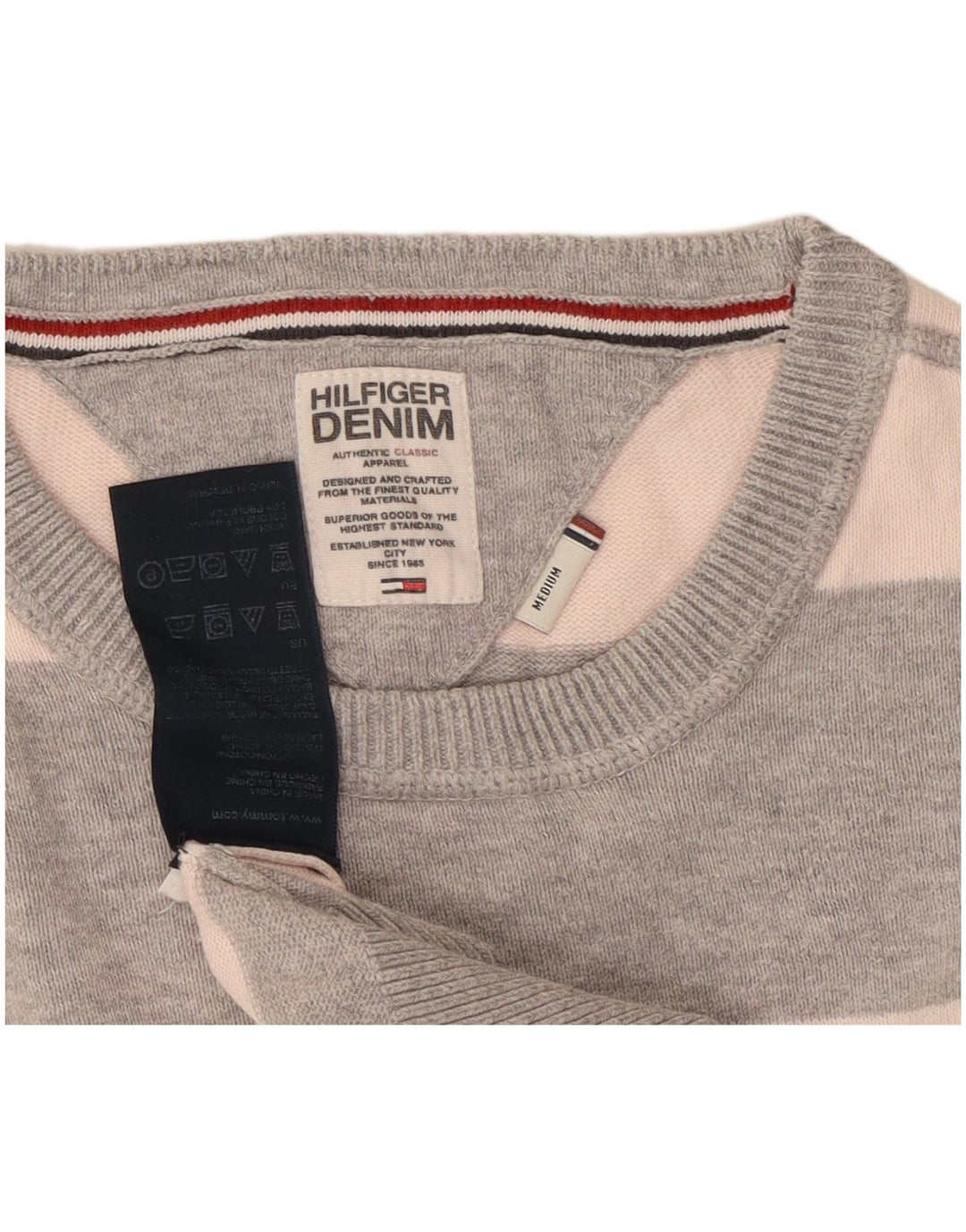 Tommy Hilfiger Mens Crew Neck Jumper Sweater Medium Grey Striped Cotton