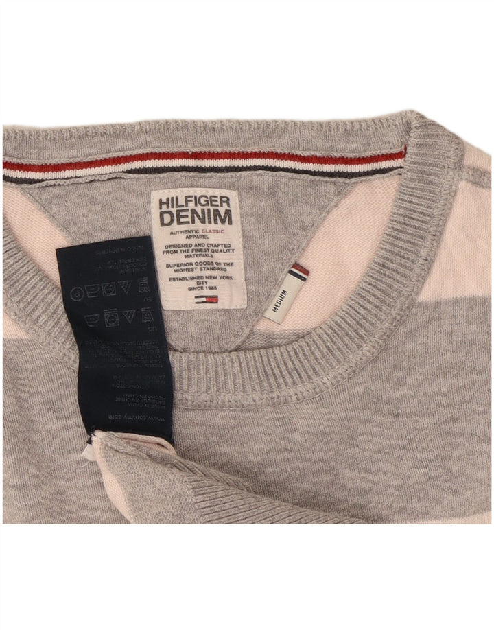 Tommy Hilfiger Mens Crew Neck Jumper Sweater Medium Grey Striped Cotton