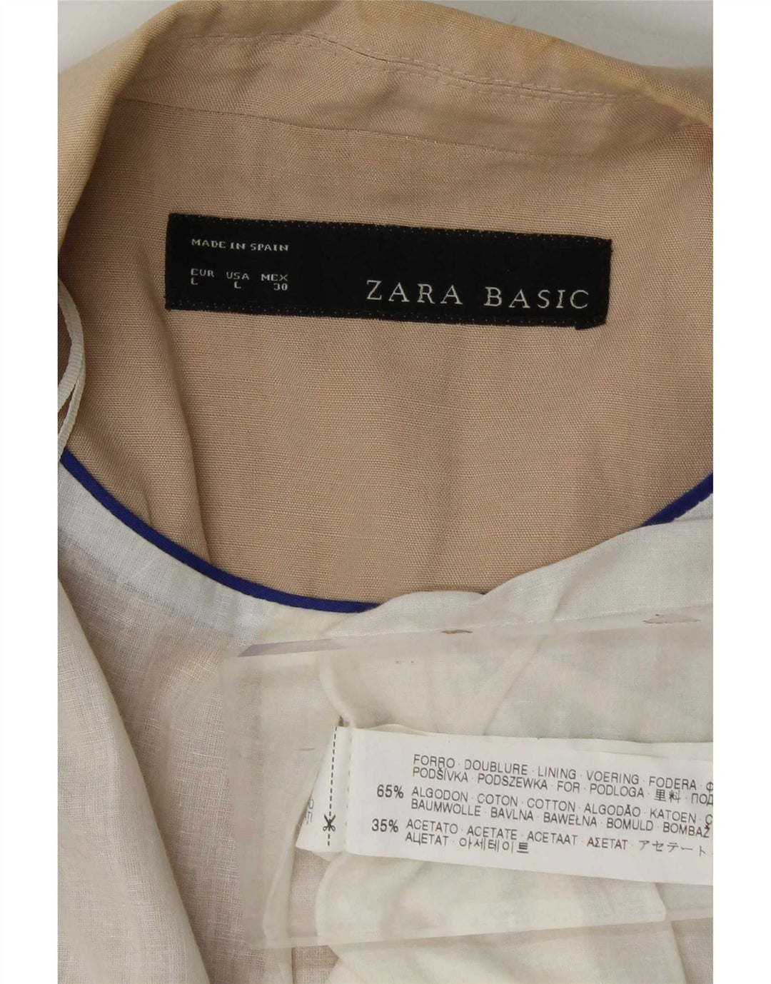 Zara Womens 3/4 Sleeve Open Blazer Jacket UK 14 Large Beige Cotton