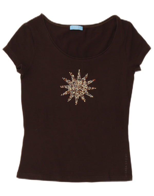Escada Womens Crop Graphic T-Shirt Top UK 8 Small Brown