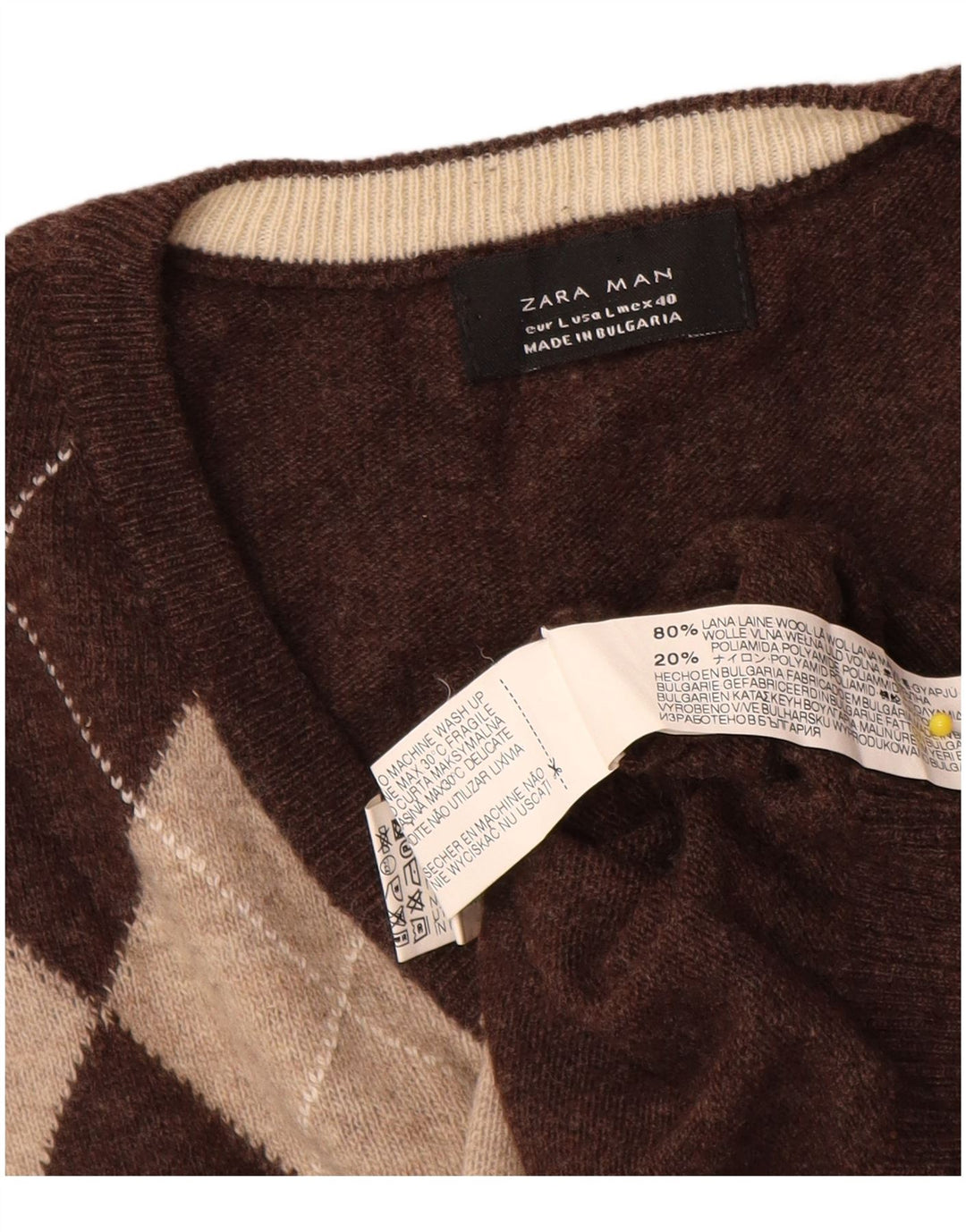 Zara Mens V-Neck Jumper Sweater Large Brown Argyle/Diamond Wool