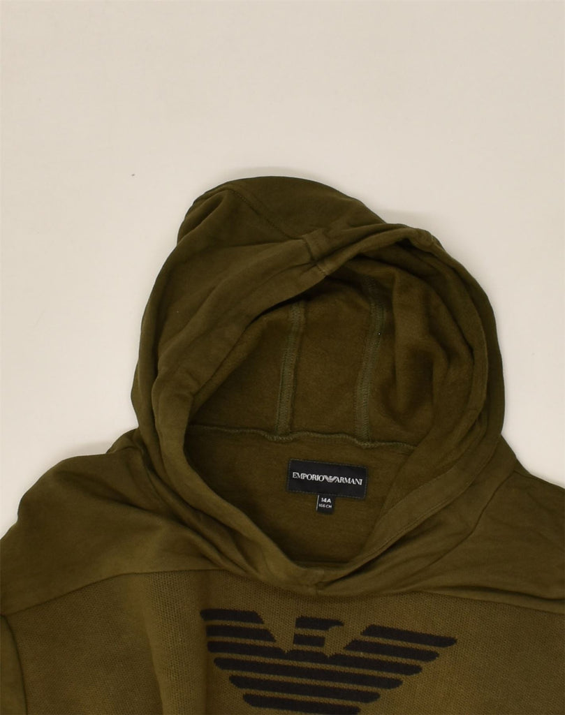 EMPORIO ARMANI Boys Graphic Hoodie Jumper 13-14 Years Khaki Cotton | Vintage Emporio Armani | Thrift | Second-Hand Emporio Armani | Used Clothing | Messina Hembry 