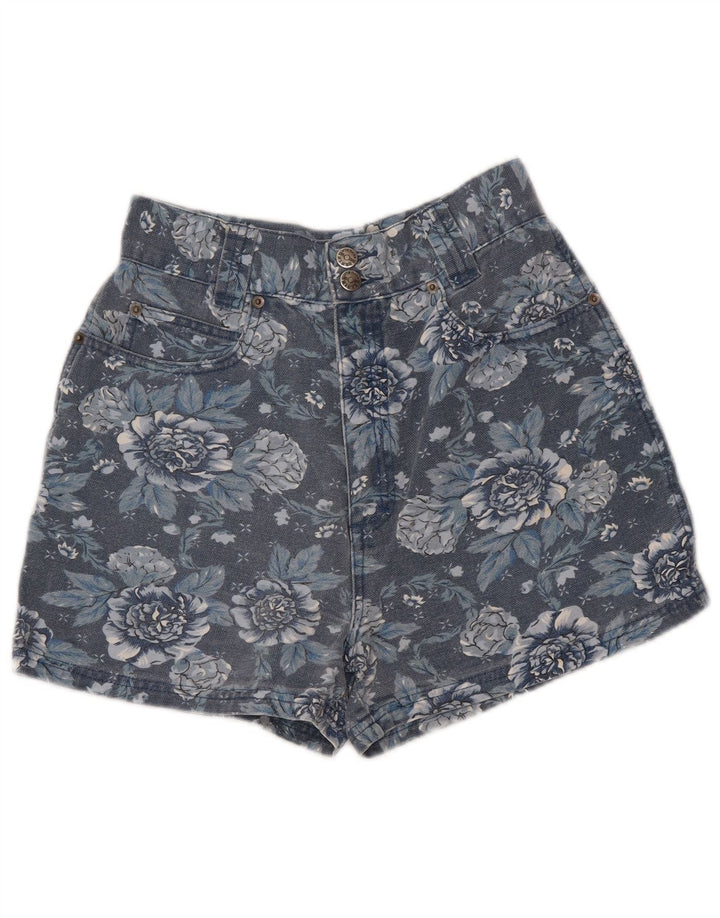 VINTAGE Girls High Waist Denim Shorts 9-10 Years W26  Navy Blue Floral