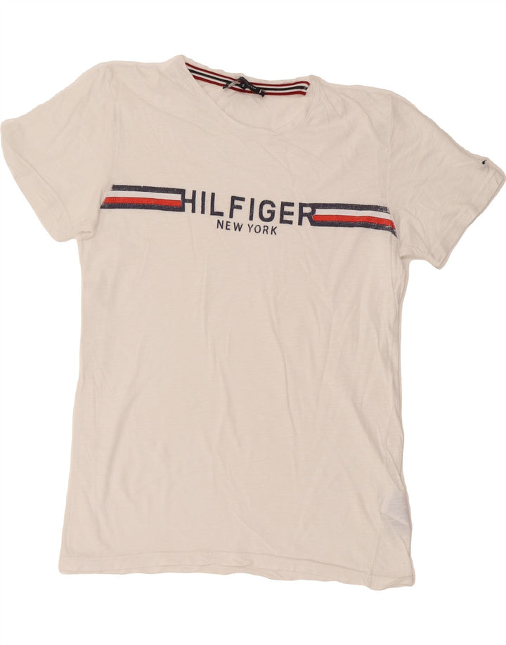 TOMMY HILFIGER Mens Graphic T-Shirt Top Small White Cotton Vintage Tommy Hilfiger and Second-Hand Tommy Hilfiger from Messina Hembry 