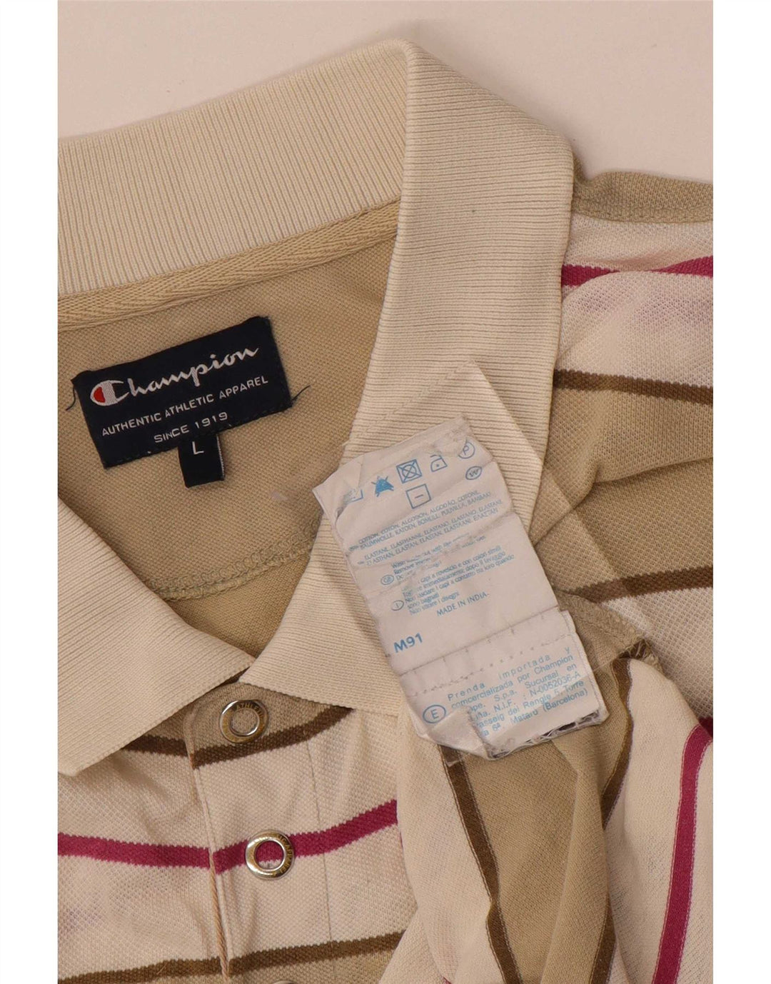 Champion Mens Polo Shirt Large Beige Striped Cotton