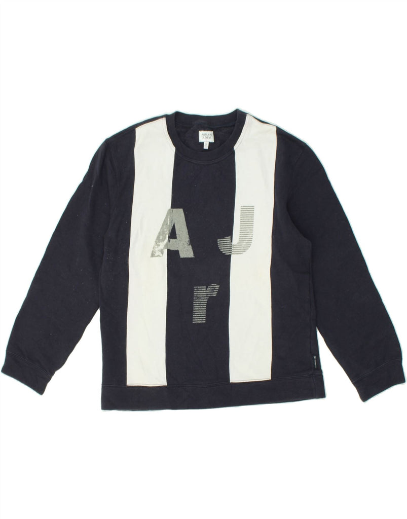 ARMANI JUNIOR Boys Graphic Sweatshirt Jumper 11-12 Years Navy Blue Striped | Vintage Armani Junior | Thrift | Second-Hand Armani Junior | Used Clothing | Messina Hembry 