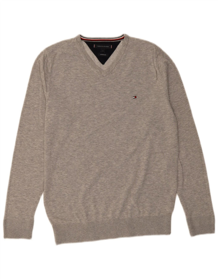 TOMMY HILFIGER Mens V-Neck Jumper Sweater Small Grey Cotton
