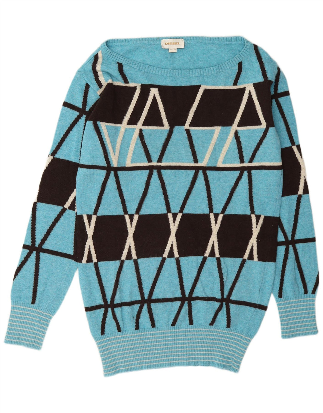Diesel Womens Boat Neck Jumper Sweater UK 14 Medium Blue Geometric Wool
