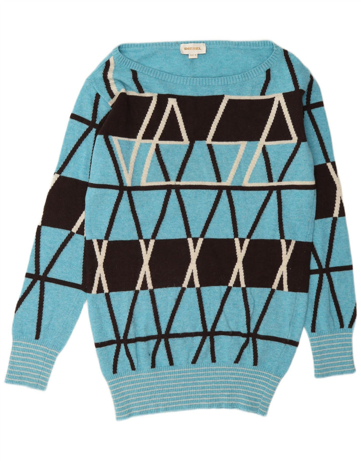 Diesel Womens Boat Neck Jumper Sweater UK 14 Medium Blue Geometric Wool