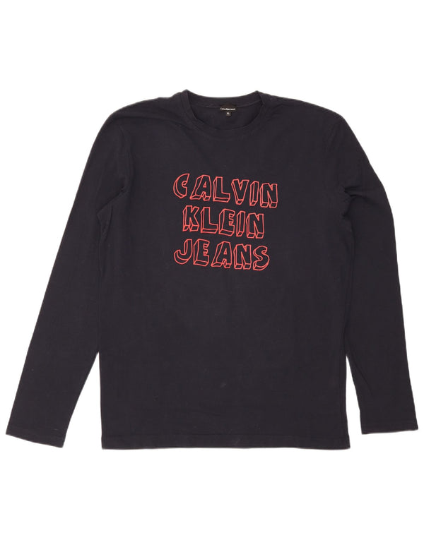 Calvin Klein Jeans Womens Graphic Top Long Sleeve UK 18 XL Navy Blue Cotton