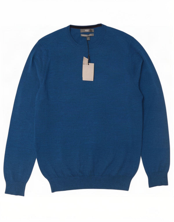Marks & Spencer Mens Crew Neck Jumper Sweater Medium Navy Blue Merino Wool
