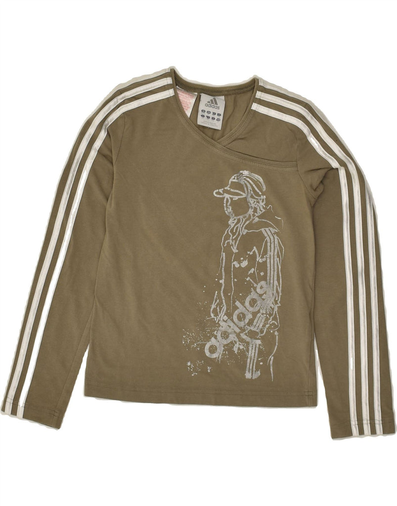 ADIDAS Girls Graphic Top Long Sleeve 9-10 Years Khaki Cotton | Vintage Adidas | Thrift | Second-Hand Adidas | Used Clothing | Messina Hembry 