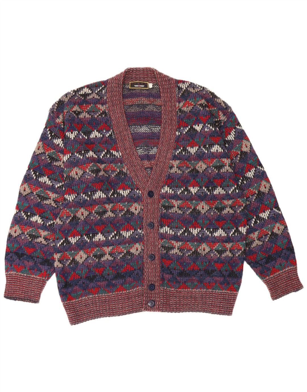 Vintage Mens Cardigan Sweater Large Multicoloured Geometric Wool