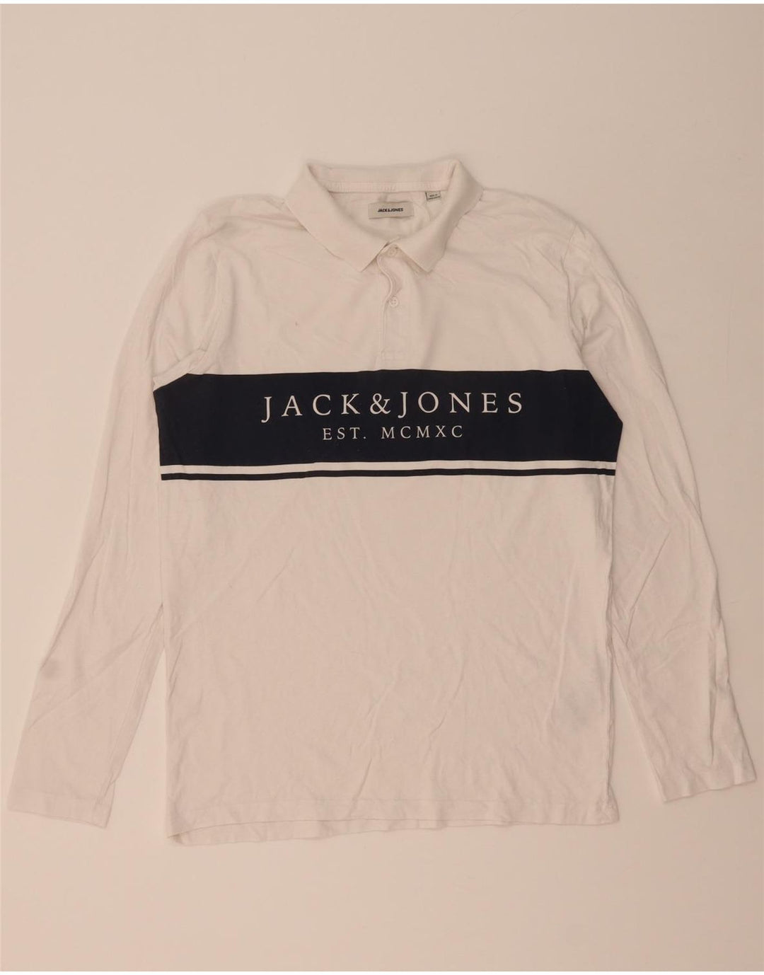 JACK & JONES Mens Graphic Long Sleeve Polo Shirt Medium White Colourblock
